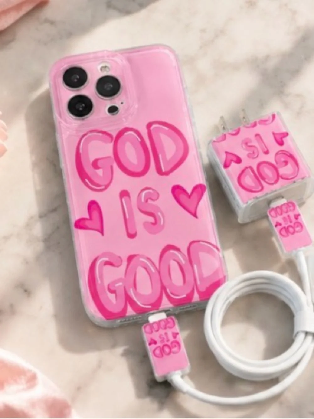 Pink 'God Is Good' Phone Case & Charger Set - Unbranded